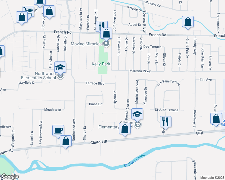 map of restaurants, bars, coffee shops, grocery stores, and more near 134 Hyland Place in West Seneca