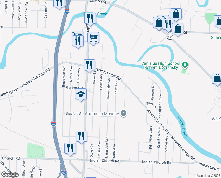 map of restaurants, bars, coffee shops, grocery stores, and more near 288 Barnsdale Avenue in Buffalo
