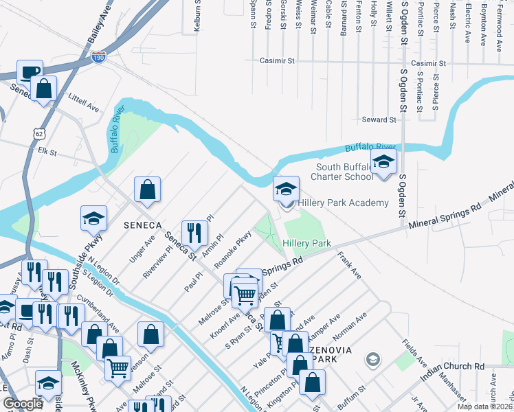 map of restaurants, bars, coffee shops, grocery stores, and more near 121 Pawnee Parkway in Buffalo
