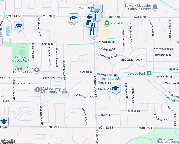 map of restaurants, bars, coffee shops, grocery stores, and more near 779 56th Street Southeast in Kentwood