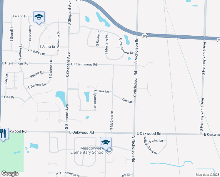 map of restaurants, bars, coffee shops, grocery stores, and more near 10011 South McGraw Drive in Oak Creek