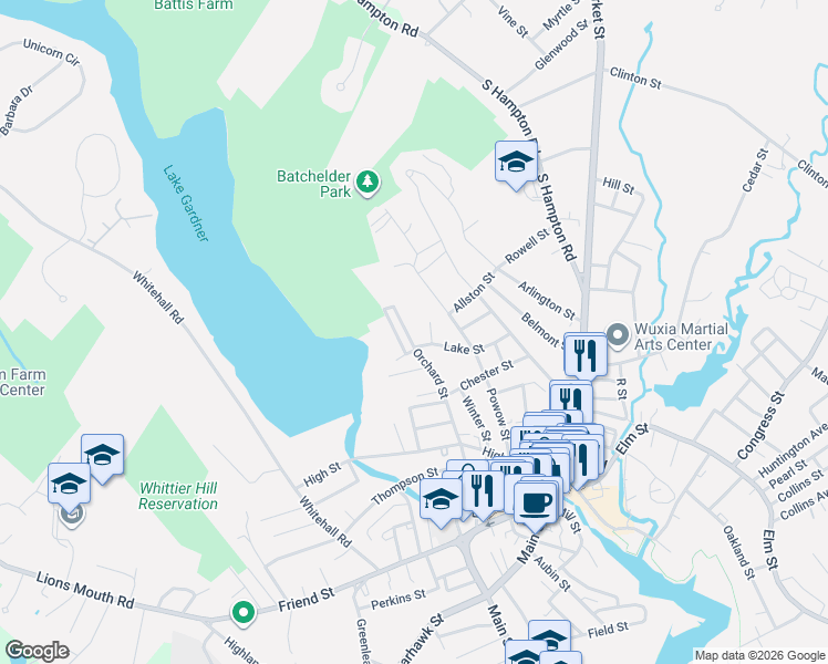 map of restaurants, bars, coffee shops, grocery stores, and more near 56 Orchard Street in Amesbury