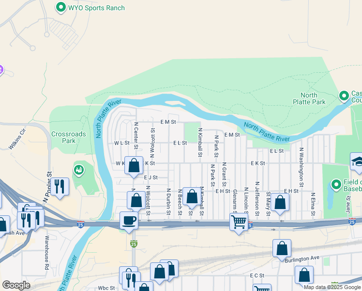 map of restaurants, bars, coffee shops, grocery stores, and more near 1162 North Beech Street in Casper