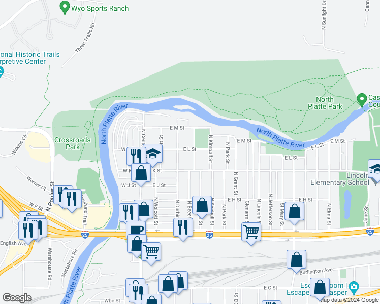 map of restaurants, bars, coffee shops, grocery stores, and more near 1162 North Beech Street in Casper