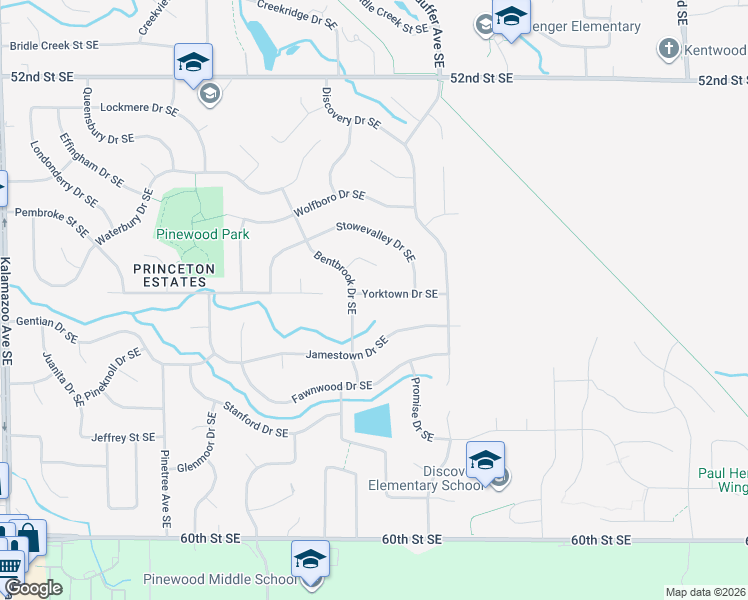 map of restaurants, bars, coffee shops, grocery stores, and more near 2235 Yorktown Drive Southeast in Kentwood