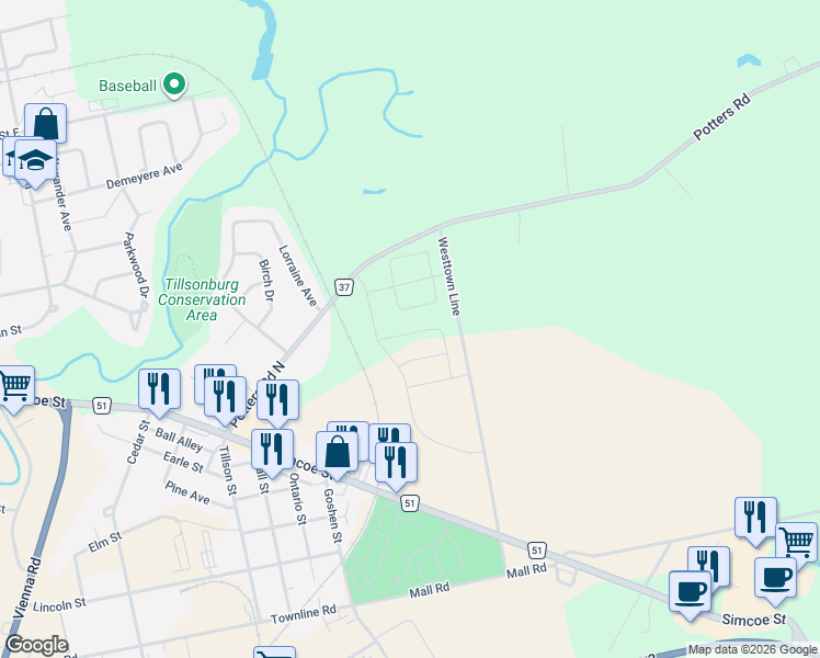 map of restaurants, bars, coffee shops, grocery stores, and more near 18 Seaton Crescent in Tillsonburg