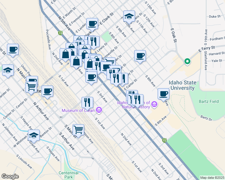 map of restaurants, bars, coffee shops, grocery stores, and more near 515 East Halliday Street in Pocatello