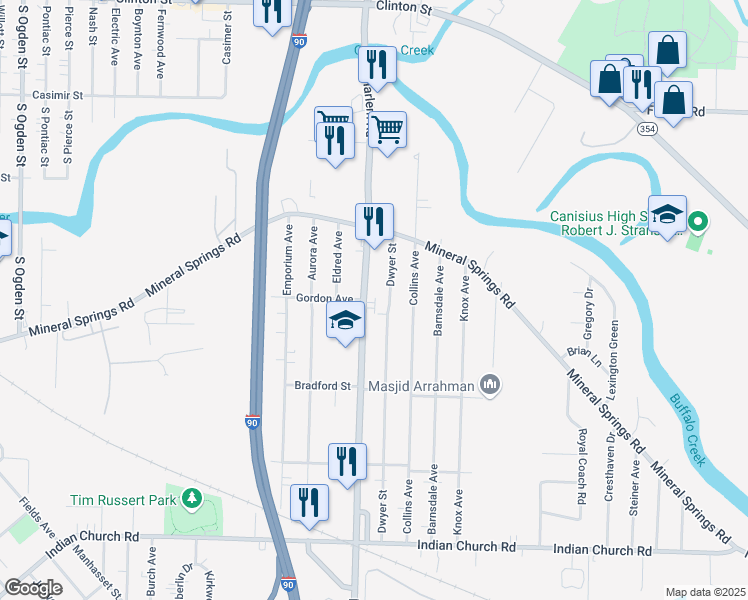 map of restaurants, bars, coffee shops, grocery stores, and more near 720 Harlem Road in Buffalo