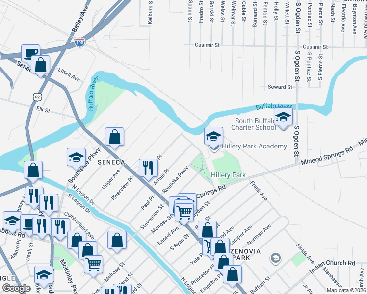 map of restaurants, bars, coffee shops, grocery stores, and more near 121 Pawnee Parkway in Buffalo