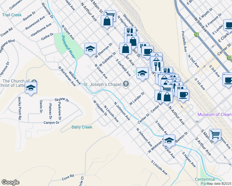 map of restaurants, bars, coffee shops, grocery stores, and more near 453 North Grant Avenue in Pocatello