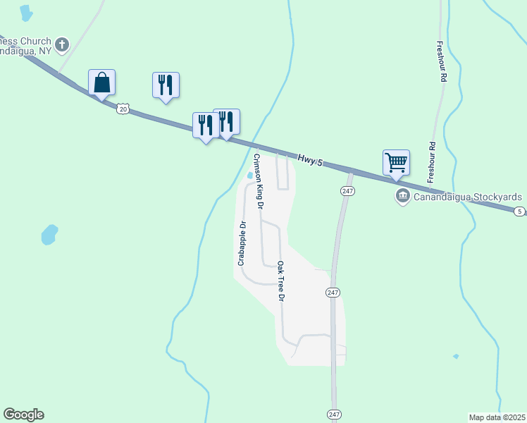 map of restaurants, bars, coffee shops, grocery stores, and more near 119 Crimson King Drive in Ontario County