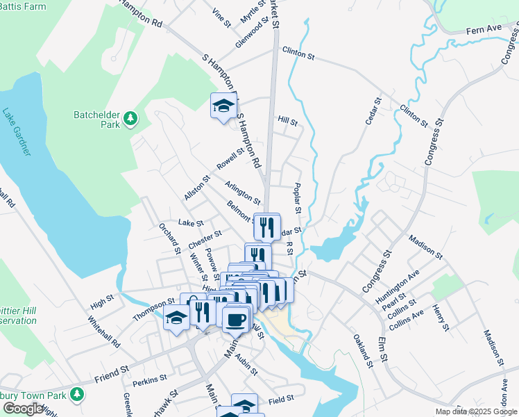 map of restaurants, bars, coffee shops, grocery stores, and more near 7 Arlington Street in Amesbury