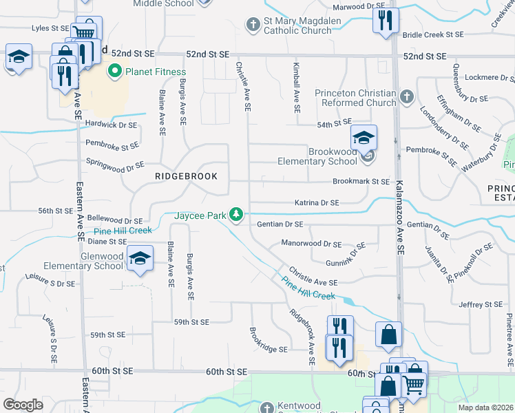 map of restaurants, bars, coffee shops, grocery stores, and more near 1257 Katrina Drive Southeast in Kentwood