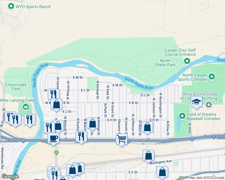 map of restaurants, bars, coffee shops, grocery stores, and more near 1002 East L Street in Casper