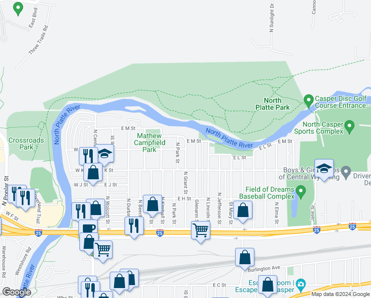 map of restaurants, bars, coffee shops, grocery stores, and more near 1002 East L Street in Casper