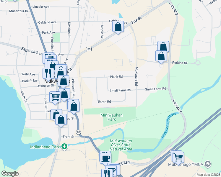 map of restaurants, bars, coffee shops, grocery stores, and more near 118 Small Farm Road in Mukwonago