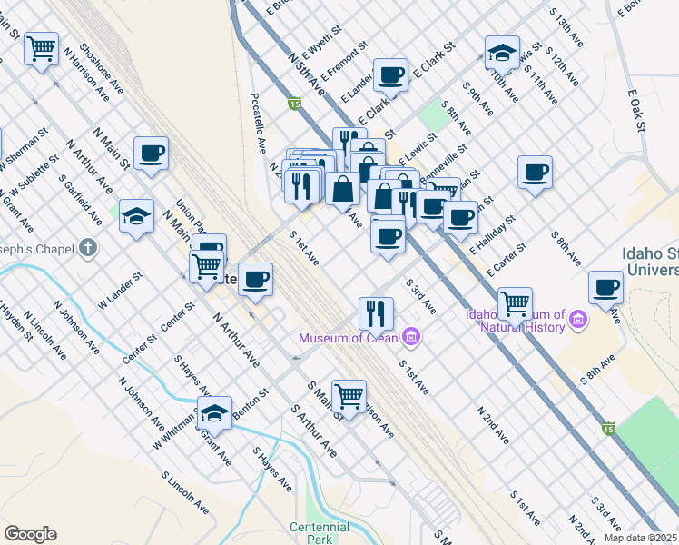 map of restaurants, bars, coffee shops, grocery stores, and more near 301 South 2nd Avenue in Pocatello