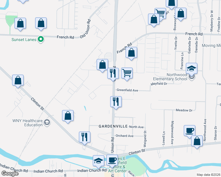 map of restaurants, bars, coffee shops, grocery stores, and more near 2278 Union Road in West Seneca