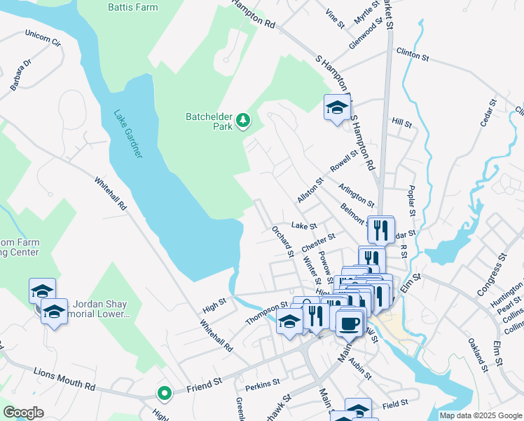 map of restaurants, bars, coffee shops, grocery stores, and more near 56 Orchard Street in Amesbury