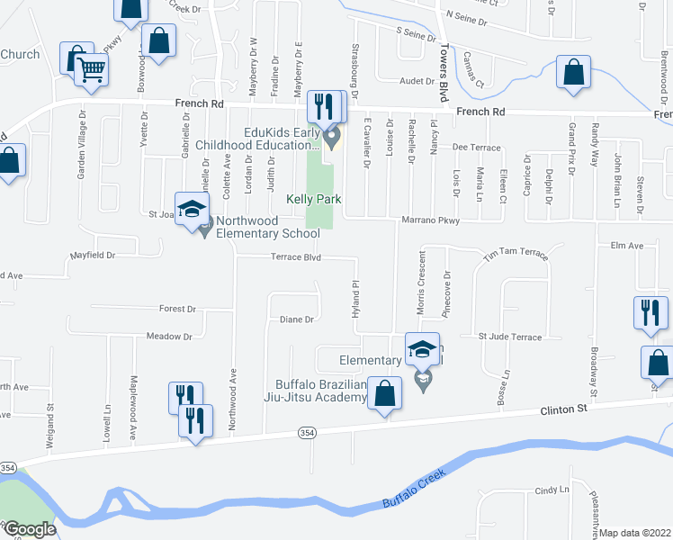 map of restaurants, bars, coffee shops, grocery stores, and more near 125 Terrace Boulevard in Buffalo