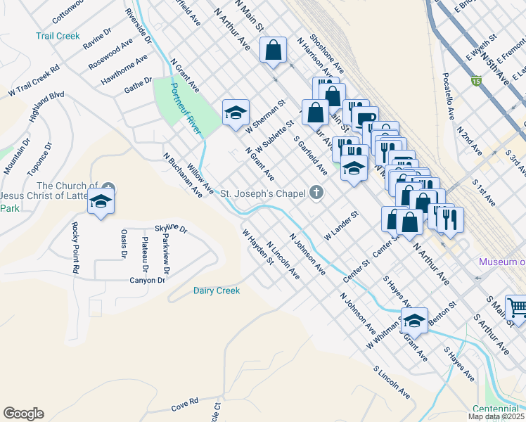 map of restaurants, bars, coffee shops, grocery stores, and more near 557 North Johnson Avenue in Pocatello