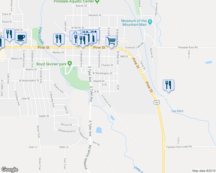 map of restaurants, bars, coffee shops, grocery stores, and more near 152 A Street in Pinedale