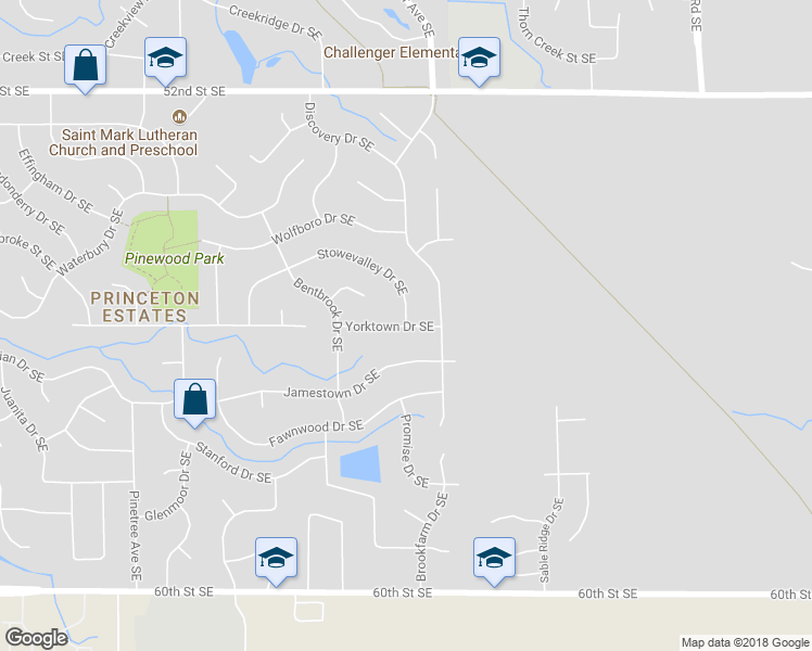 map of restaurants, bars, coffee shops, grocery stores, and more near 2355 Yorktown Drive Southeast in Kentwood