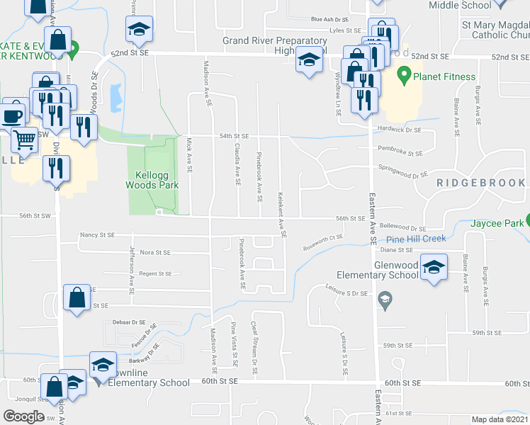 map of restaurants, bars, coffee shops, grocery stores, and more near 5558 Pinebrook Ave SE in Kentwood