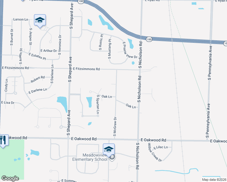 map of restaurants, bars, coffee shops, grocery stores, and more near 10011 South McGraw Drive in Oak Creek