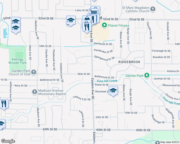 map of restaurants, bars, coffee shops, grocery stores, and more near 779 56th Street Southeast in Kentwood