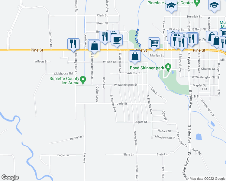 map of restaurants, bars, coffee shops, grocery stores, and more near 341 South Ashley Avenue in Pinedale