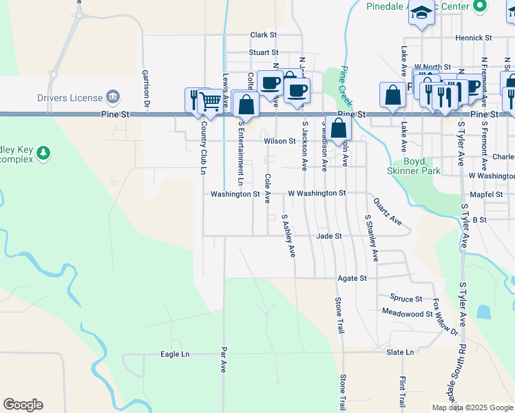 map of restaurants, bars, coffee shops, grocery stores, and more near 312 Cole Avenue in Pinedale