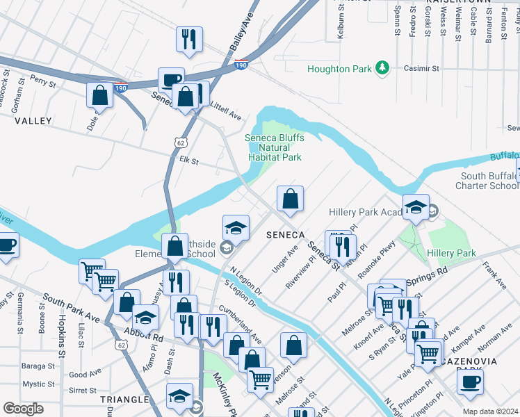 map of restaurants, bars, coffee shops, grocery stores, and more near 1683 Seneca Street in Buffalo