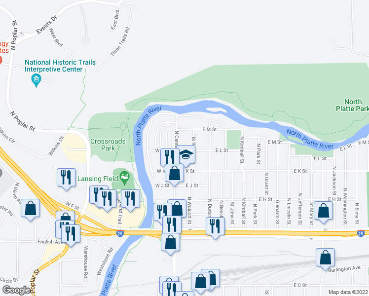 map of restaurants, bars, coffee shops, grocery stores, and more near 122 East L Street in Casper