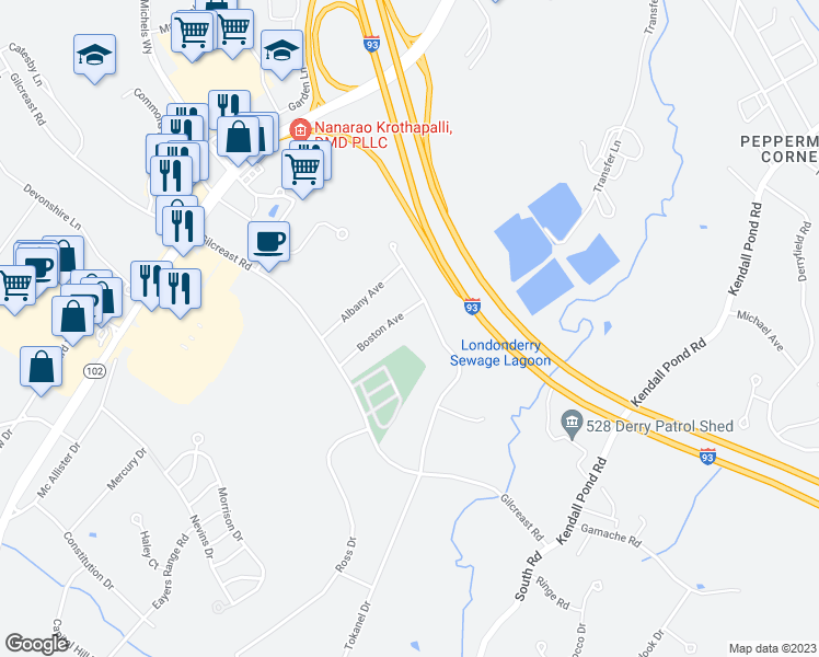 map of restaurants, bars, coffee shops, grocery stores, and more near 10 Boston Avenue in Londonderry