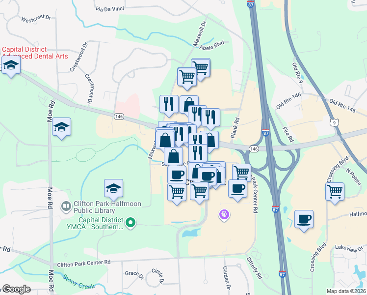 map of restaurants, bars, coffee shops, grocery stores, and more near 3 Southside Drive in Saratoga County
