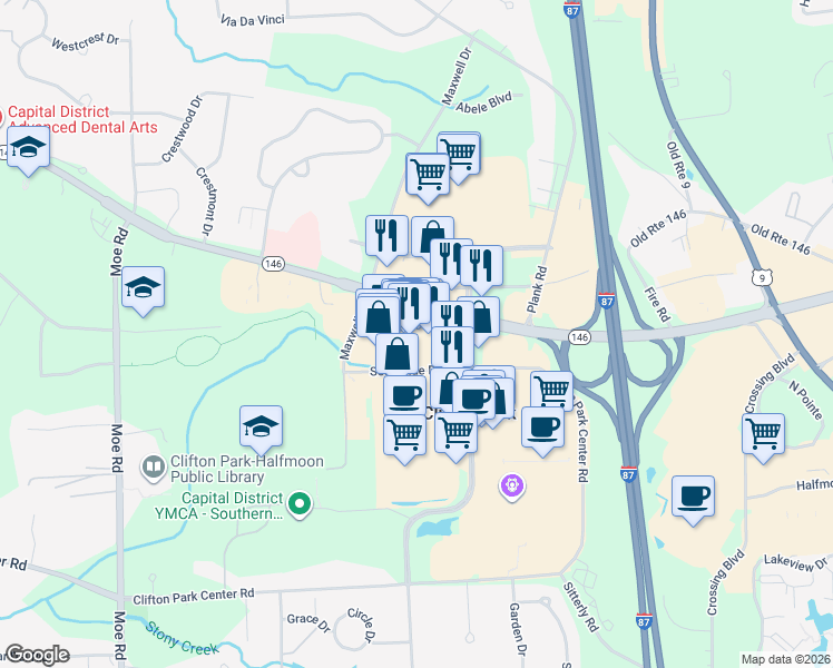 map of restaurants, bars, coffee shops, grocery stores, and more near 3 Southside Drive in Saratoga County