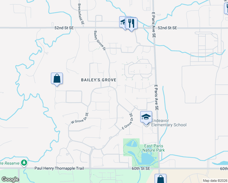 map of restaurants, bars, coffee shops, grocery stores, and more near 5555 East Grove Drive Southeast in Kentwood
