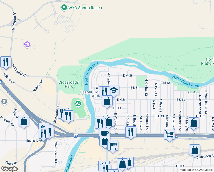 map of restaurants, bars, coffee shops, grocery stores, and more near 122 East L Street in Casper
