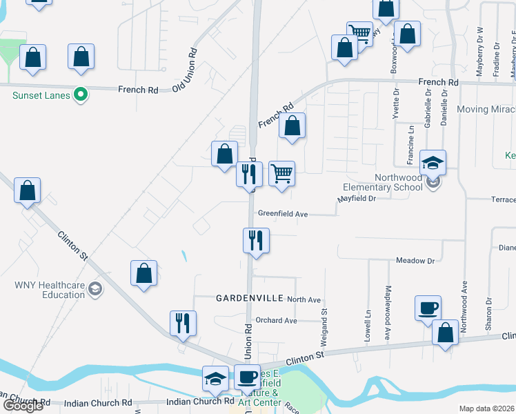 map of restaurants, bars, coffee shops, grocery stores, and more near 2291 New York 277 in West Seneca