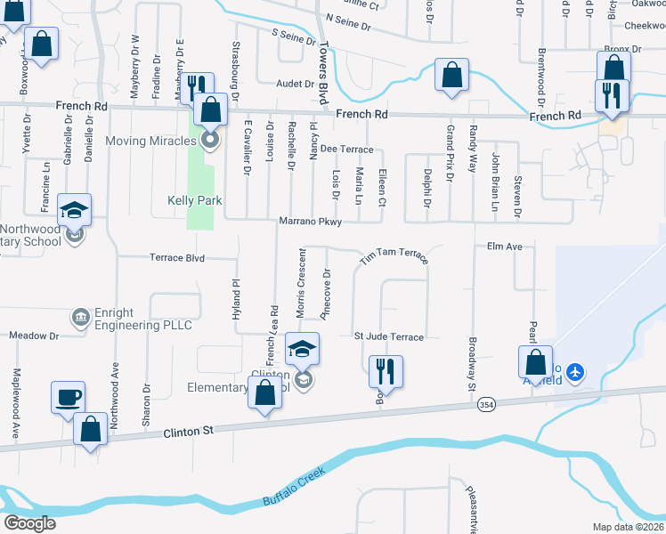 map of restaurants, bars, coffee shops, grocery stores, and more near 11 Pinecove Drive in West Seneca