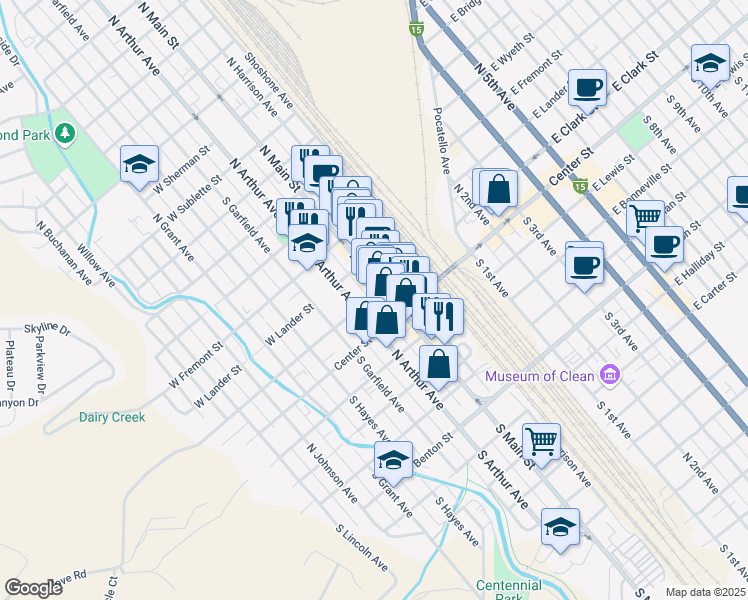 map of restaurants, bars, coffee shops, grocery stores, and more near 341 West Clark Street in Pocatello