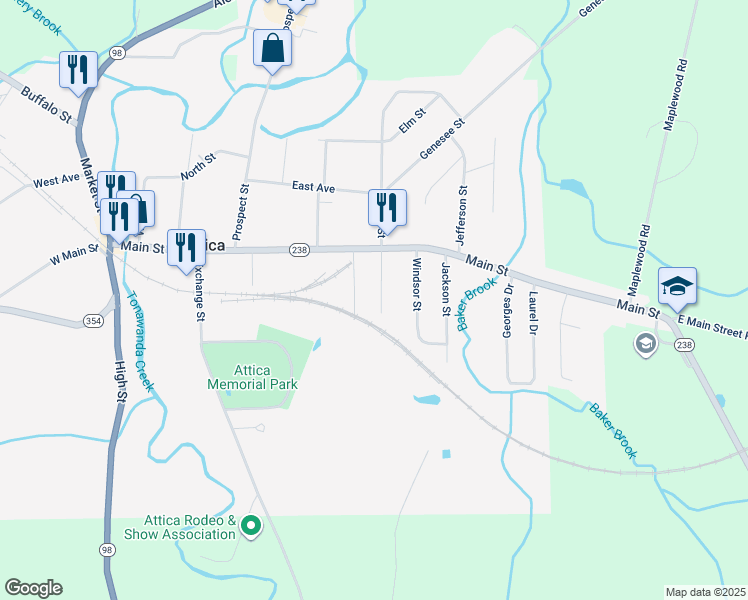 map of restaurants, bars, coffee shops, grocery stores, and more near 32 South Pearl Street in Attica
