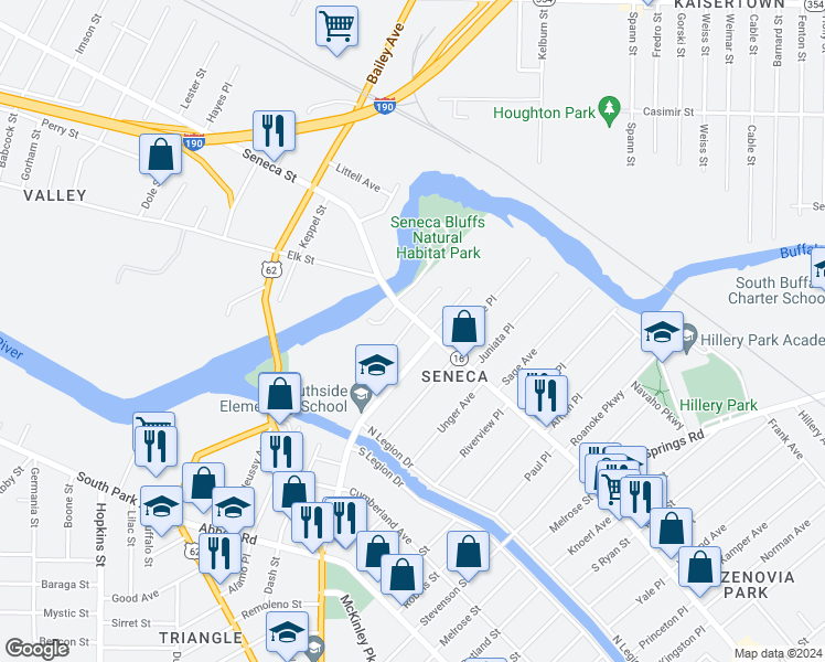 map of restaurants, bars, coffee shops, grocery stores, and more near 1683 Seneca Street in Buffalo