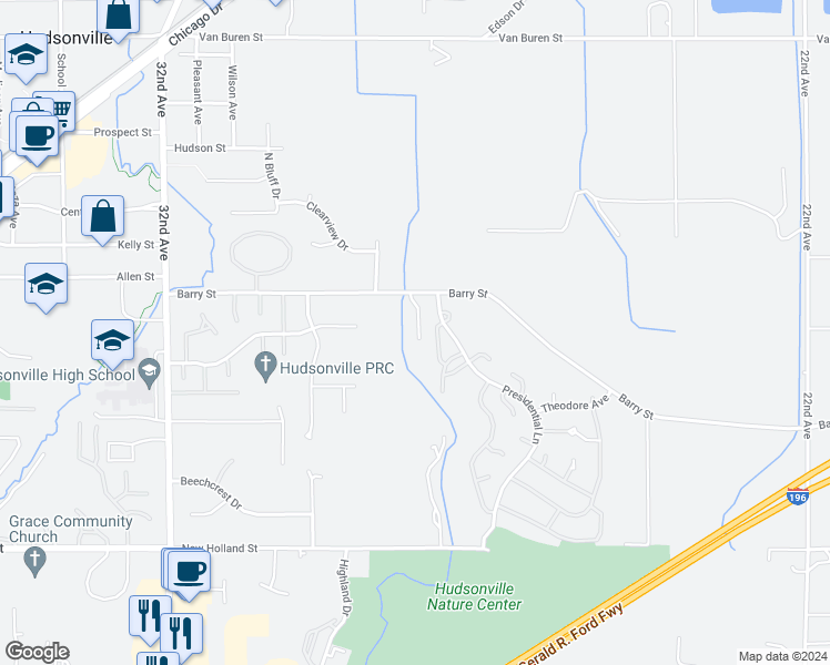map of restaurants, bars, coffee shops, grocery stores, and more near 2906 Barry Street in Hudsonville