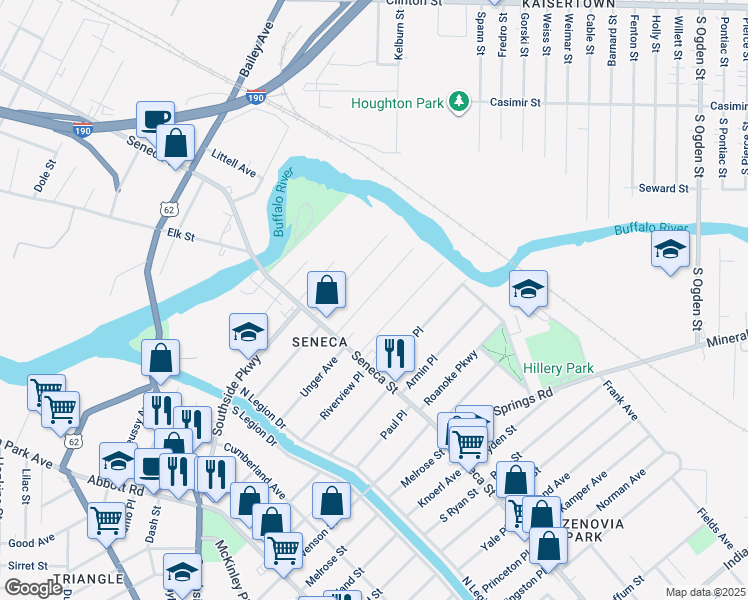 map of restaurants, bars, coffee shops, grocery stores, and more near 57 Juniata Place in Buffalo