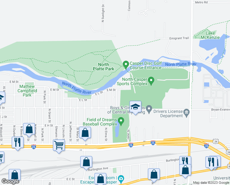 map of restaurants, bars, coffee shops, grocery stores, and more near 1209 North Melrose Street in Casper