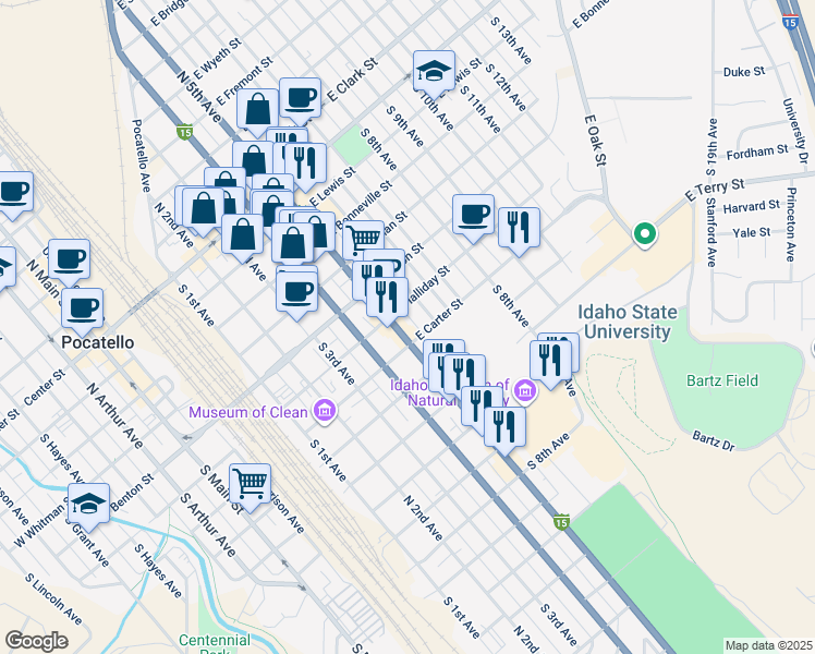 map of restaurants, bars, coffee shops, grocery stores, and more near 628 South 5th Avenue in Pocatello