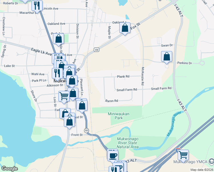 map of restaurants, bars, coffee shops, grocery stores, and more near 120 Baron Road in Mukwonago