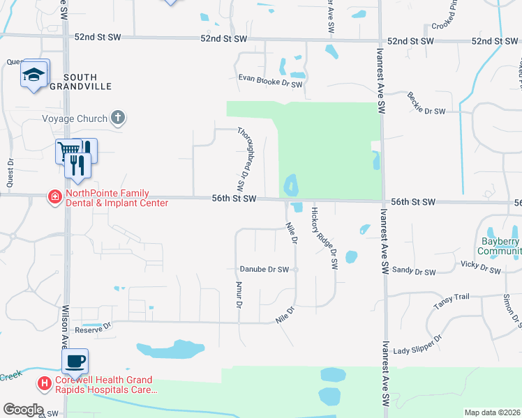 map of restaurants, bars, coffee shops, grocery stores, and more near 3512 56th St SW in Wyoming